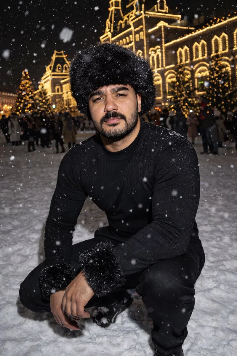 Пример из источника к промпту о ночном портрете со вспышкой у фасада GUM в Москве.