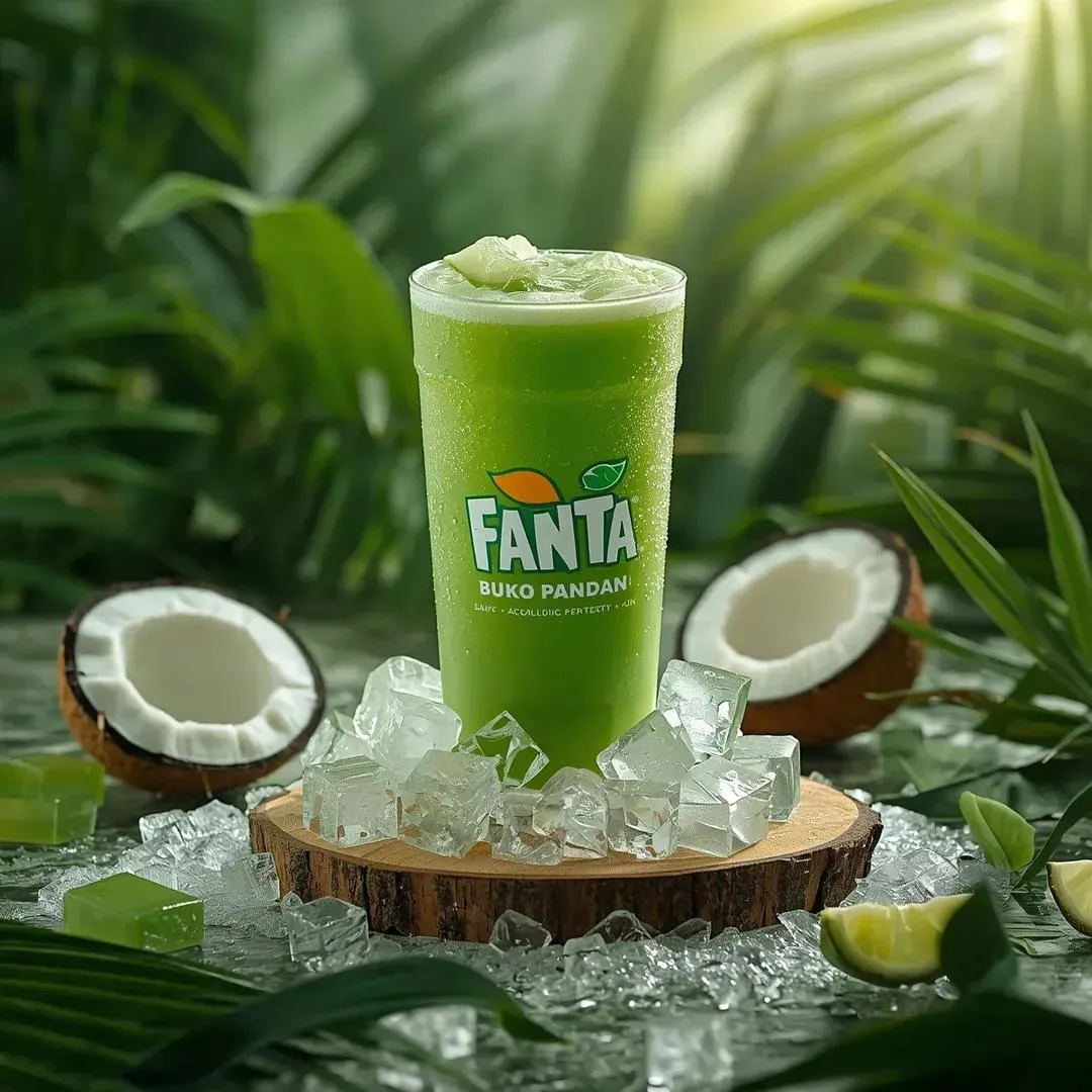 Пример рекламного промпта с холодной банкой FANTA на деревянном столе у океана. · пример 3