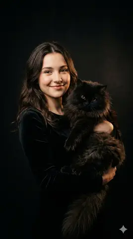 Женщина в чёрном бархатном платье бережно держит пушистую кошку с янтарными глазами на чёрном фоне.