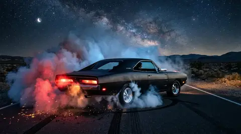 Чёрный матовый Dodge Charger 1970 года буксует на пустом шоссе; дым подсвечен красными фонарями и голубым светом луны.