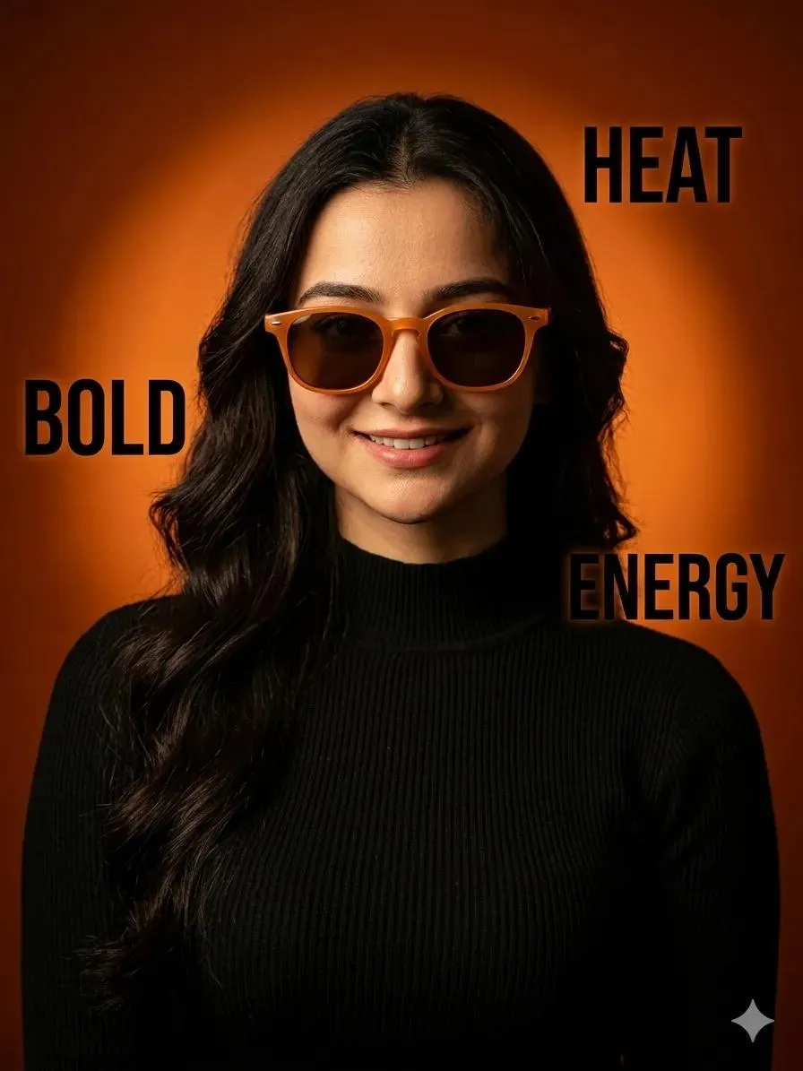 Уверенная женщина в оранжевых очках на оранжевом фоне с надписями BOLD, HEAT и ENERGY. · пример 3