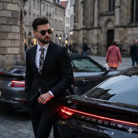 Мужчина в чёрном костюме опирается на Porsche Panamera на фоне каменных зданий.