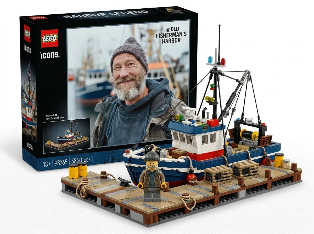 Собранный набор LEGO с минифигурками стоит на белом фоне перед коробкой. · пример 3
