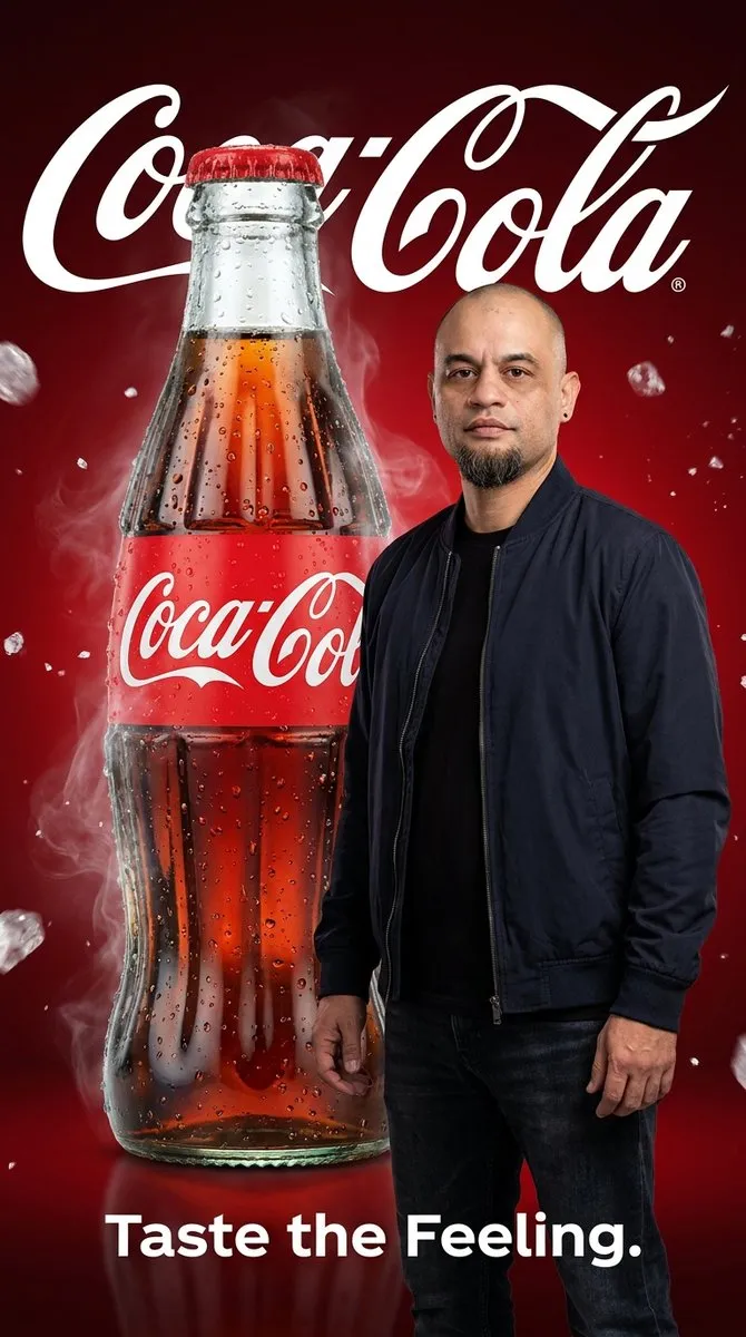 Мужчина в тёмной одежде стоит рядом с огромной холодной бутылкой Coca-Cola. · пример 3