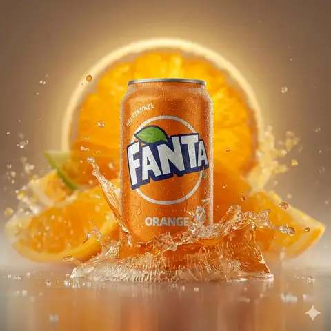 Алюминиевая банка Fanta Orange в окружении разлетающихся долек и брызг.