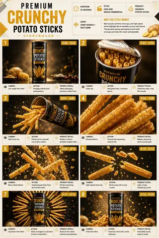 Раскадровка из 8 сцен рекламы Crunchy Potato Sticks с макрокадрами хрустящих палочек