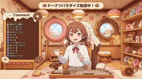 3D-аватар VTuber в тематической комнате с окном японского чата и игровым интерфейсом.