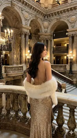 Женщина в золотистом платье с пайетками стоит спиной у балкона оперного театра
