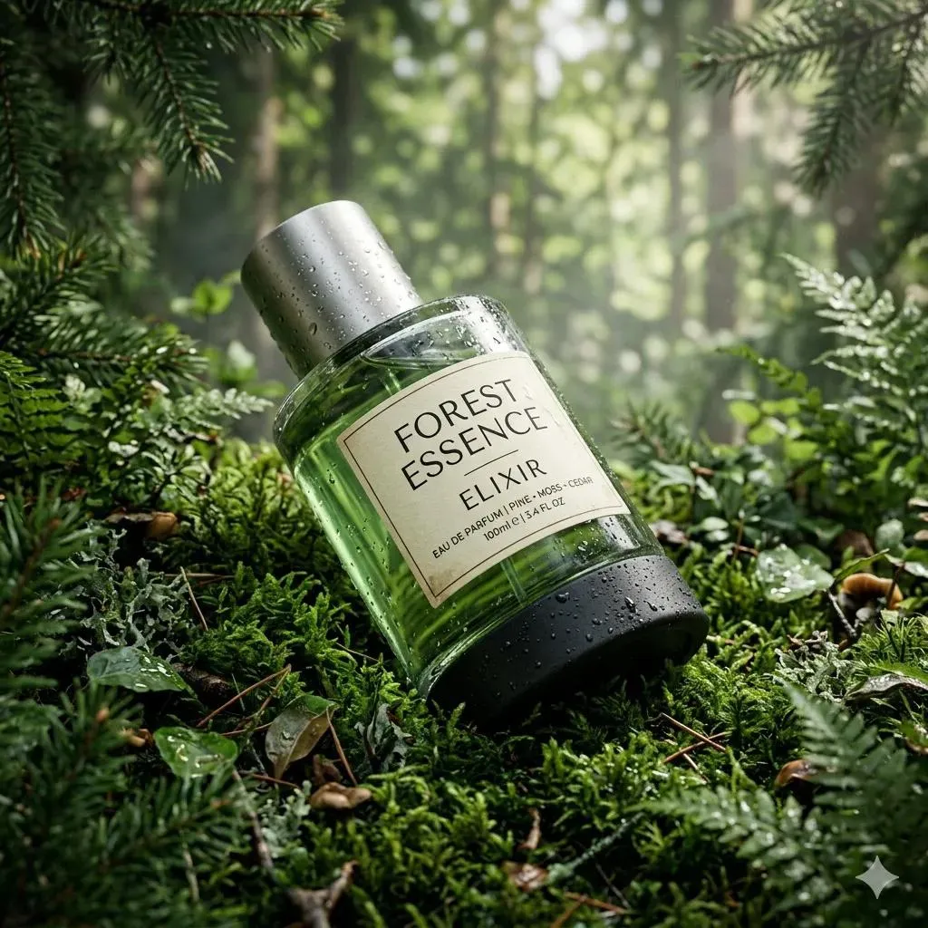Парфюмерный флакон Forest Essence Elixir на зелёном мху среди лесной листвы и хвойных ветвей. · пример 2