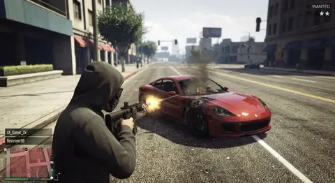 Человек стреляет по автомобилю в экшен-сцене в стиле GTA 5 Online.
