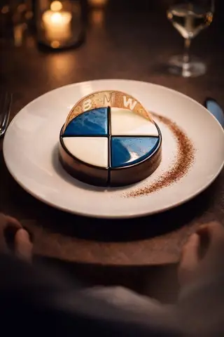 Пример промпта для муссового торта с бело-синей эмблемой BMW.