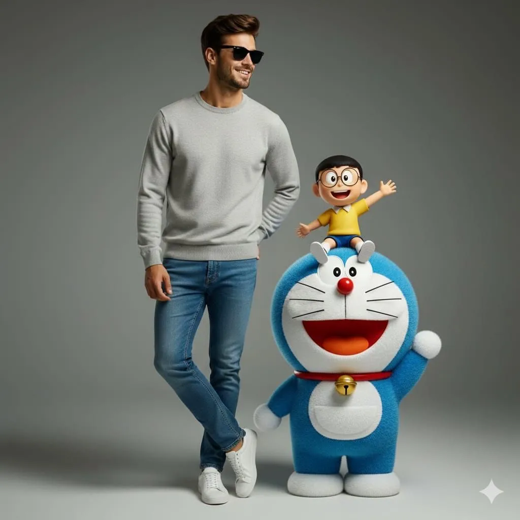 Стильный взрослый мужчина стоит рядом с улыбающимся Doraemon, а Nobita сидит у него на голове.