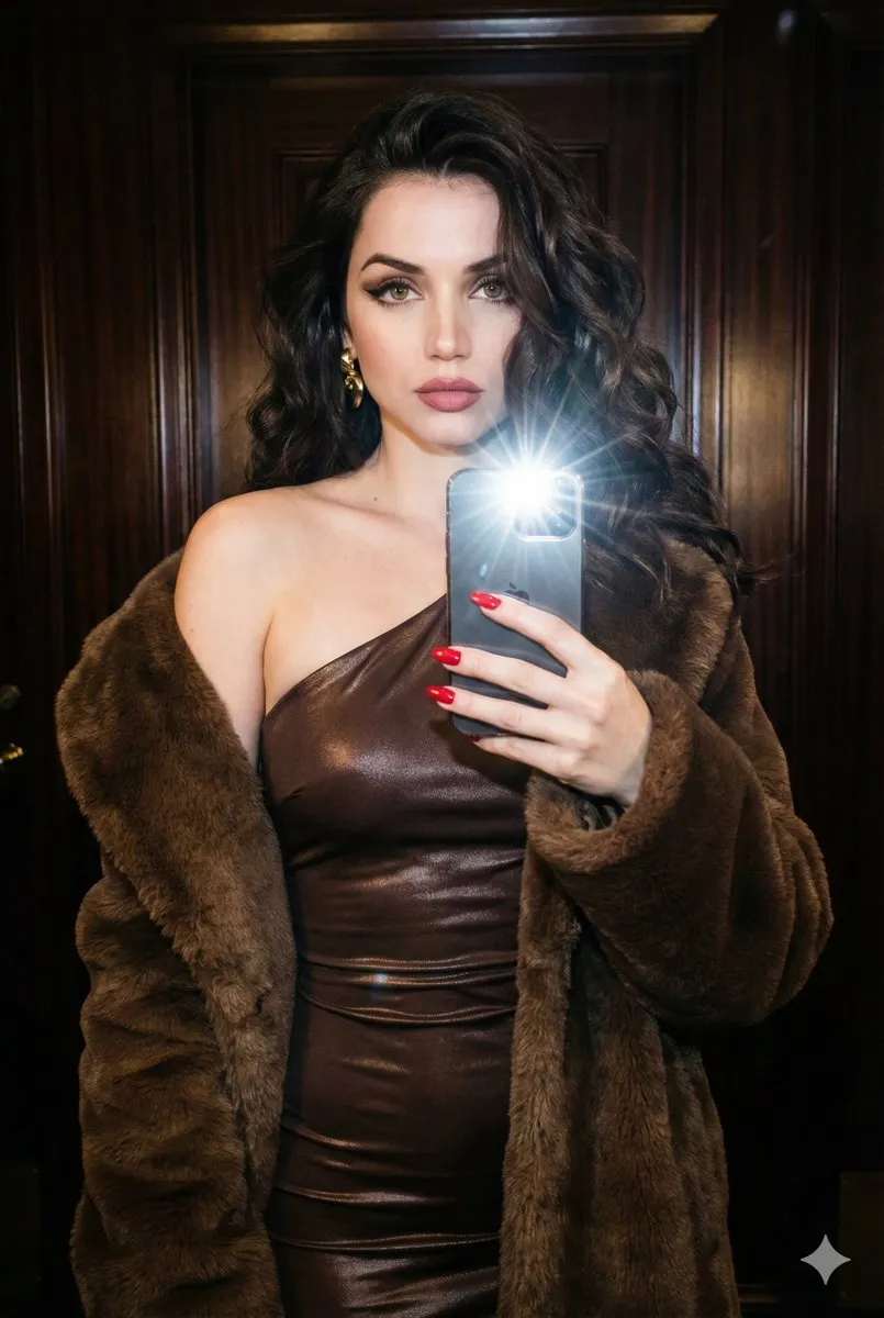 Пример источника для JSON-промпта селфи Ana de Armas в зеркале.