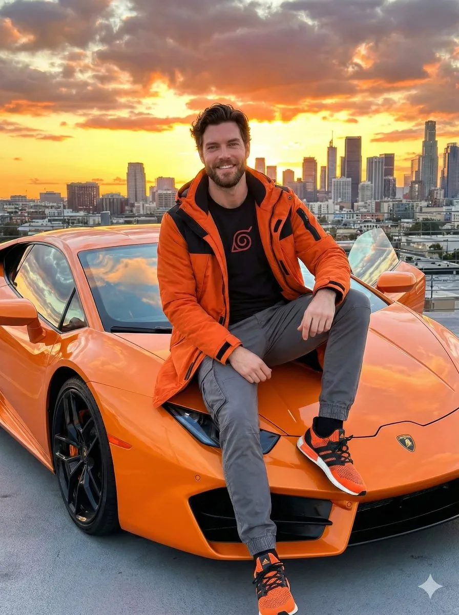 Пример промпта для мужчины в уличной одежде на капоте Lamborghini. · пример 1