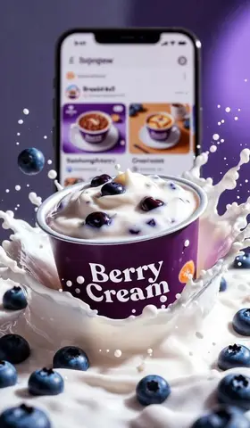 Упаковка йогурта Berry Cream окружена черникой, каплями молока и брызгами сливок.