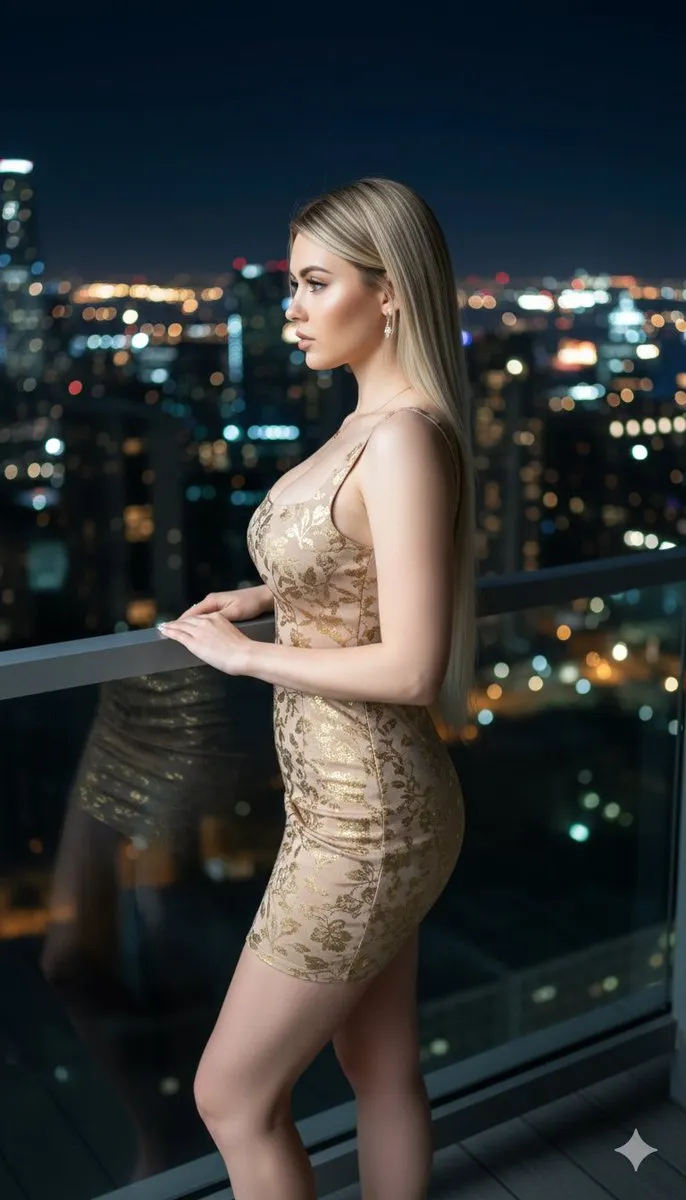 Polina Gagarina в бежевом платье стоит на стеклянном балконе на фоне ночных небоскрёбов. · пример 2