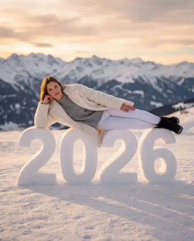 Девушка лежит на крупных снежных цифрах 2026 на фоне гор при мягком свете золотого часа.