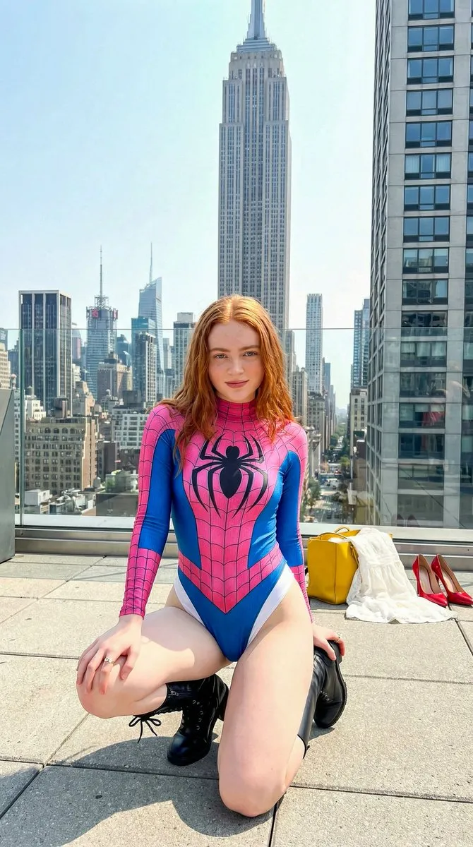 Женщина в боди Spider-Man стоит на крыше нью-йоркского небоскрёба · пример 3