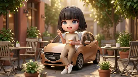 Промпт для стилизованного 3D-персонажа, прислонившегося к Mazda.