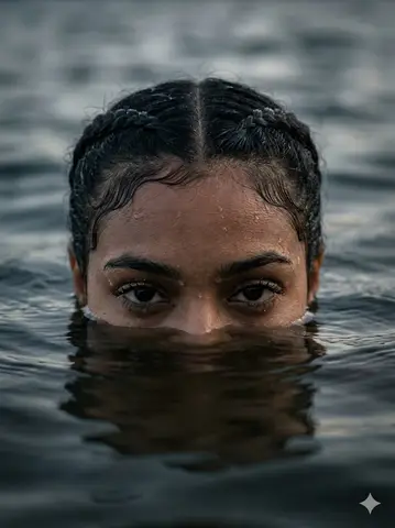 Пример крупного портрета женщины, появляющейся из тёмной воды.