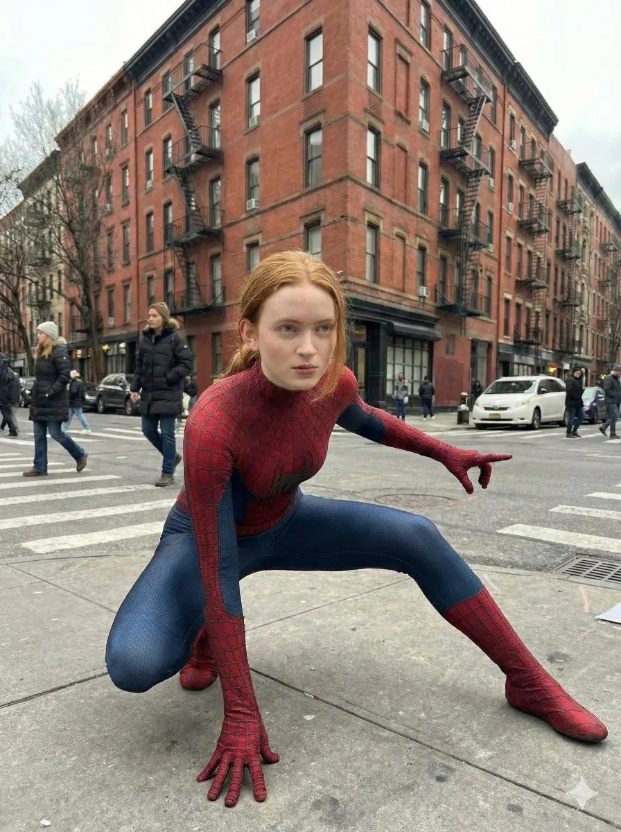 Промпт описывает женщину в костюме Spider-Man на улице New York City с кофейным стаканчиком и жестом мира. · пример 3