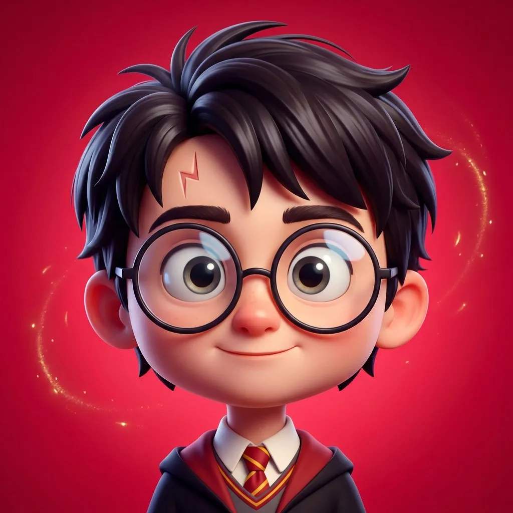 Стилизованный 3D-портрет Гарри Поттера с круглым очками на ярком красном фоне. · пример 4