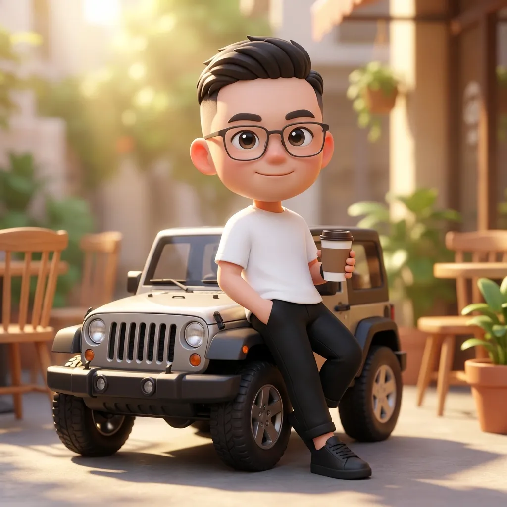 Фрагмент промпта для чиби-персонажа у миниатюрного Jeep во дворике кафе. · пример 3