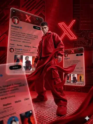 Промпт для цифрового портрета в красной техно-одежде с интерфейсами X.