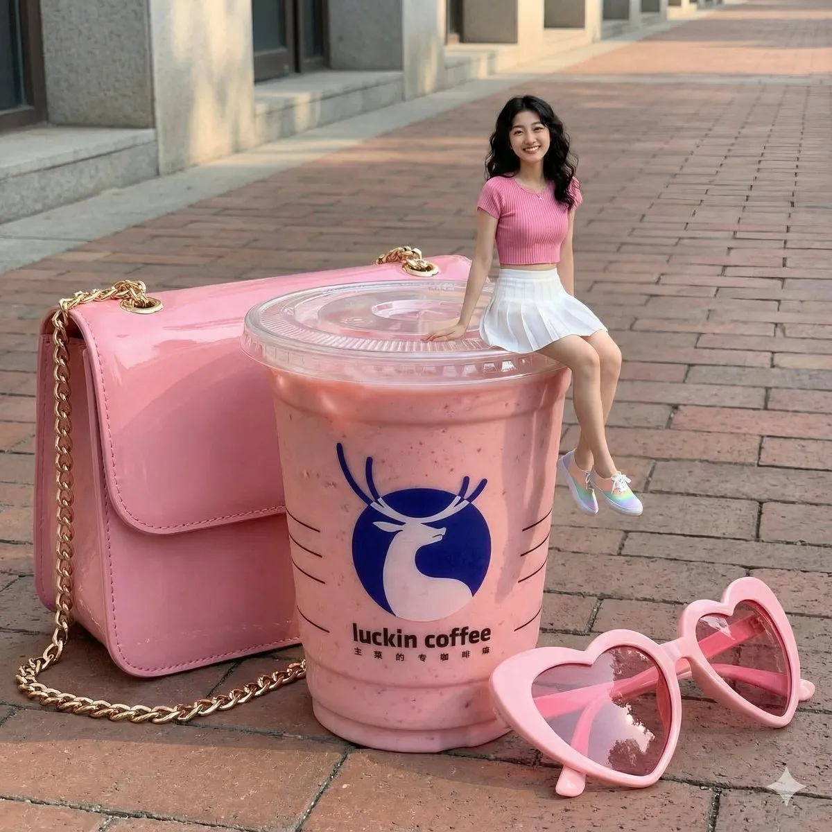 Промпт для миниатюрной девушки на стаканах Ruixing Coffee и Mixue Bingcheng · пример 2