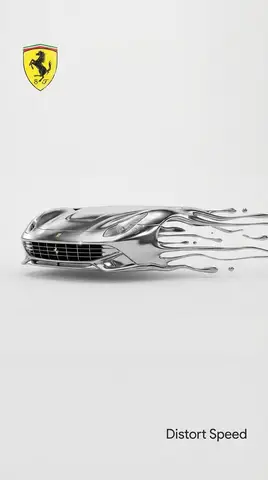 Передняя часть Ferrari вытягивается в полосы жидкого хрома на матовом белом фоне.