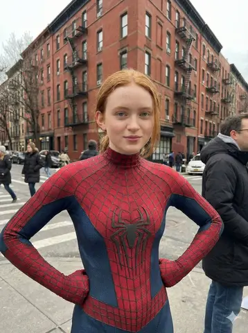 Промпт описывает женщину в костюме Spider-Man на улице New York City с кофейным стаканчиком и жестом мира.