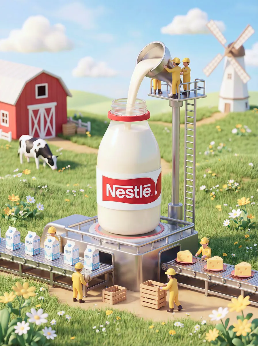 Крошечные рабочие разливают молоко в большую бутылку Nestlé на платформе среди фермерского пейзажа.