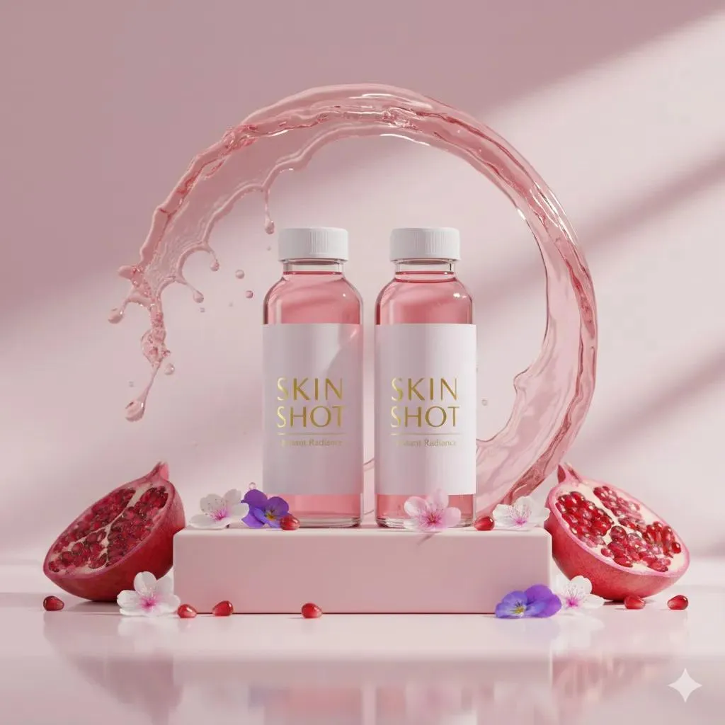 Флакон Skin Shot стоит на розовом постаменте среди цветов и зёрен граната. · пример 2
