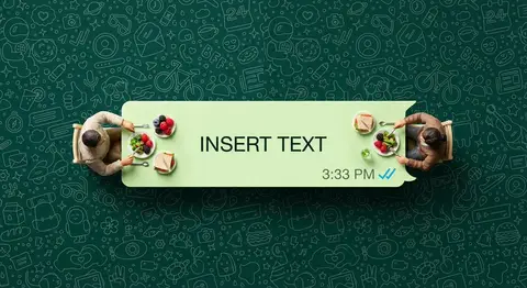 Две миниатюрные девушки сидят на светло-зелёном пузыре WhatsApp, используемом как стол
