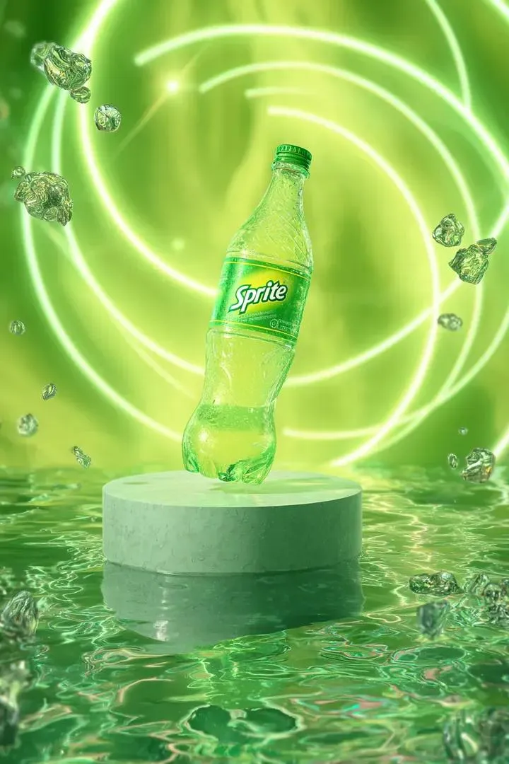 Промпт для парящей бутылки Sprite в неоновой композиции с космическими лепестками.