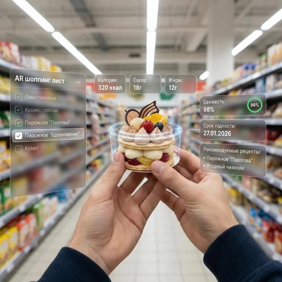 Бутылка Fanta в супермаркете окружена голографическим AR-интерфейсом. · пример 4