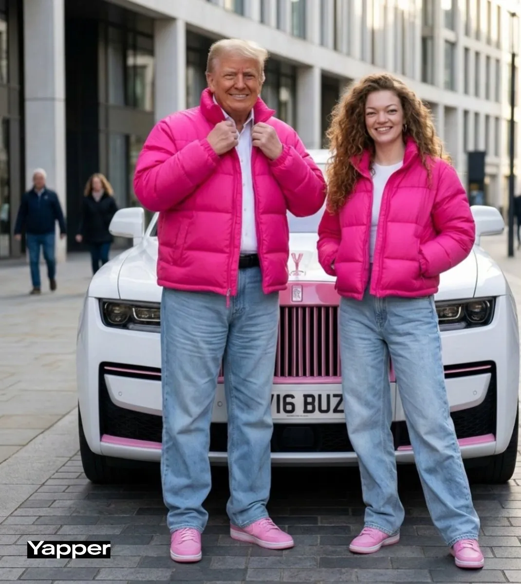 Мужчина и пользователь в розовых пуховиках стоят у белого Rolls-Royce. · пример 2