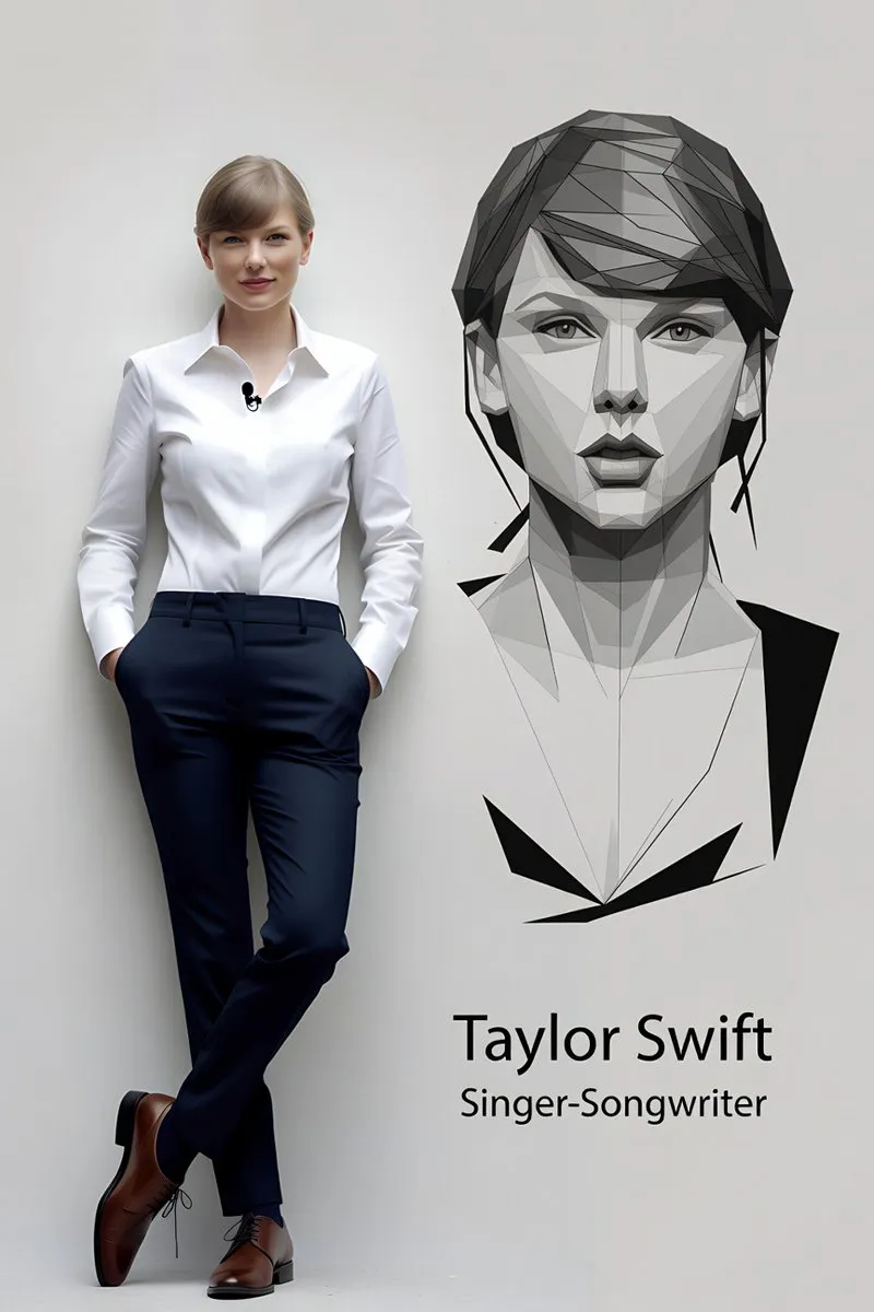 Taylor Swift в деловой одежде стоит у стены с векторным портретом и подписями. · пример 2