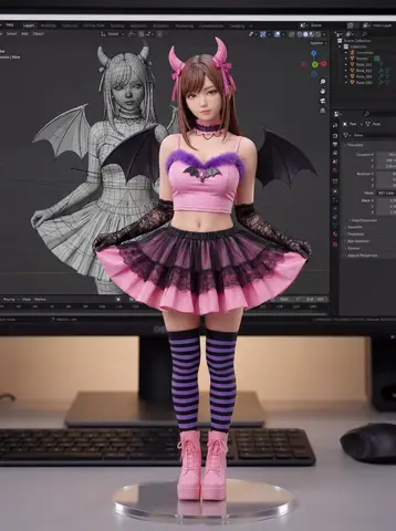 Коллекционная фигурка из ПВХ стоит у монитора с каркасной 3D-моделью.