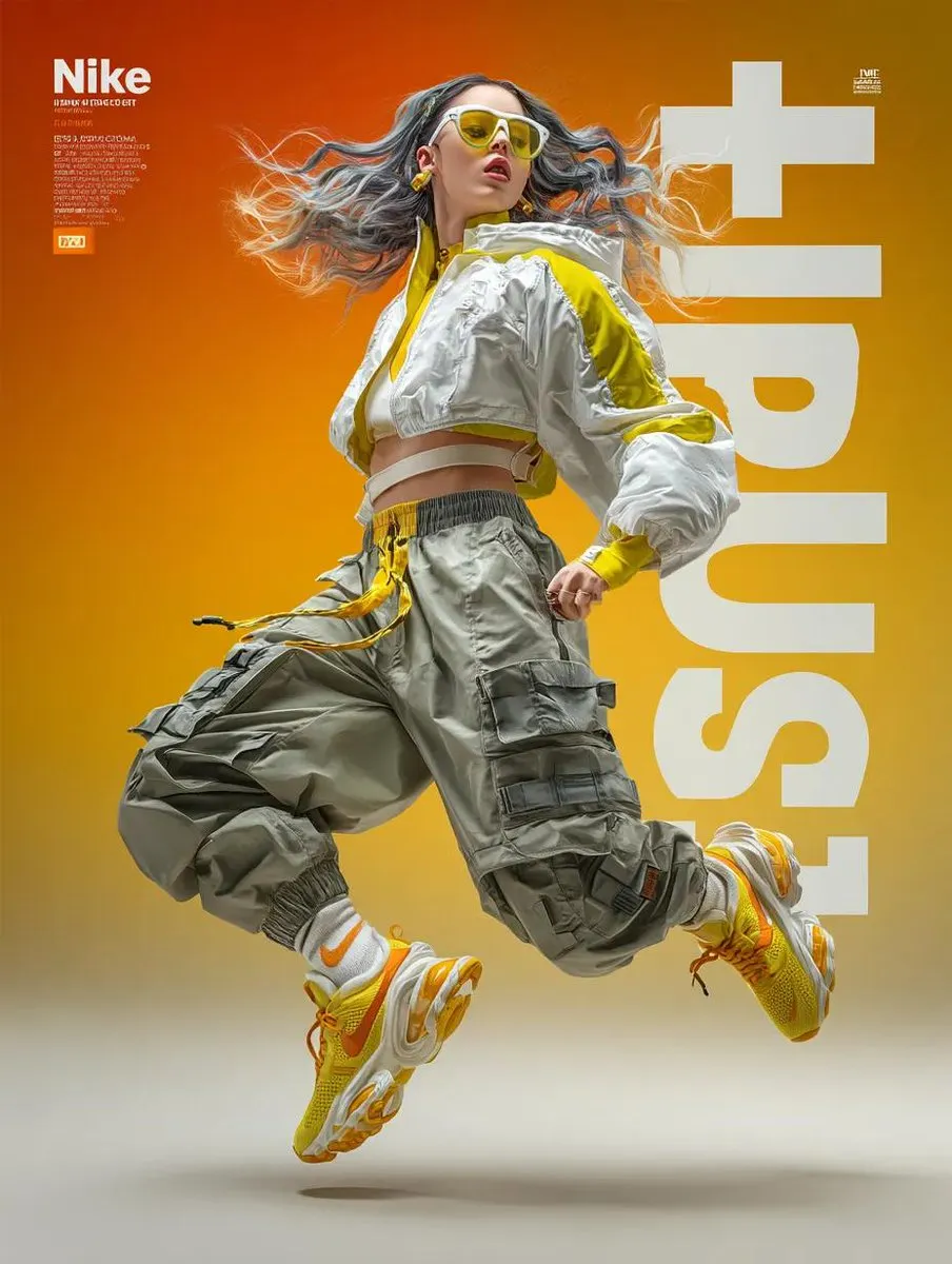 Промпт для динамичной футуристичной рекламы Nike с моделью в прыжке. · пример 2