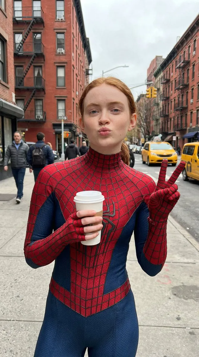 Рыжеволосая девушка в красно-синем костюме Spider-Man стоит на улице Нью-Йорка с кофе и показывает знак мира. · пример 3