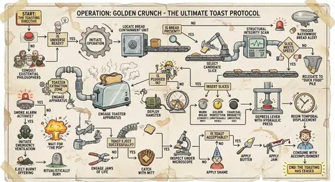Схема о последовательности поджаривания хлеба для шуточного обучающего постера.