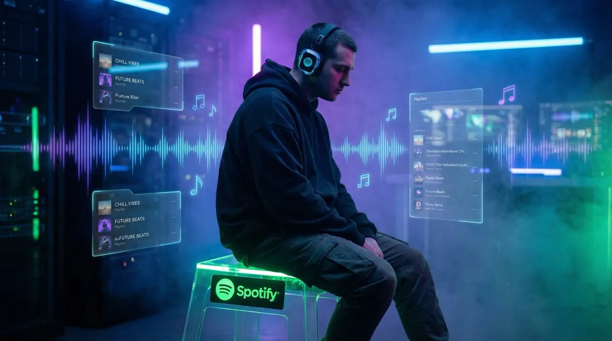 Человек в наушниках сидит у неоновой табуретки Spotify среди голографических волн. · пример 1
