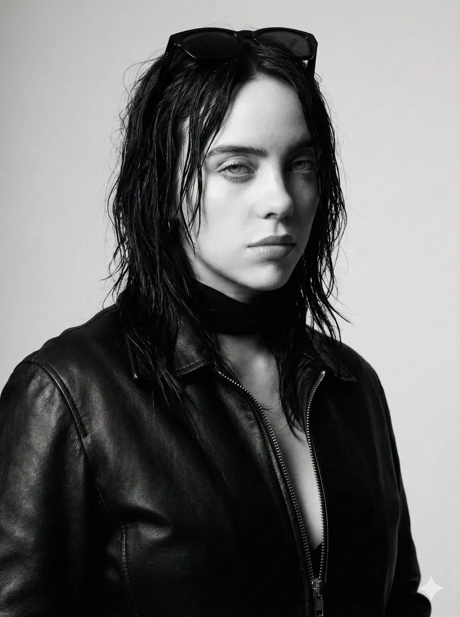 Пример JSON-промпта для чёрно-белого модного портрета Billie Eilish. · пример 2