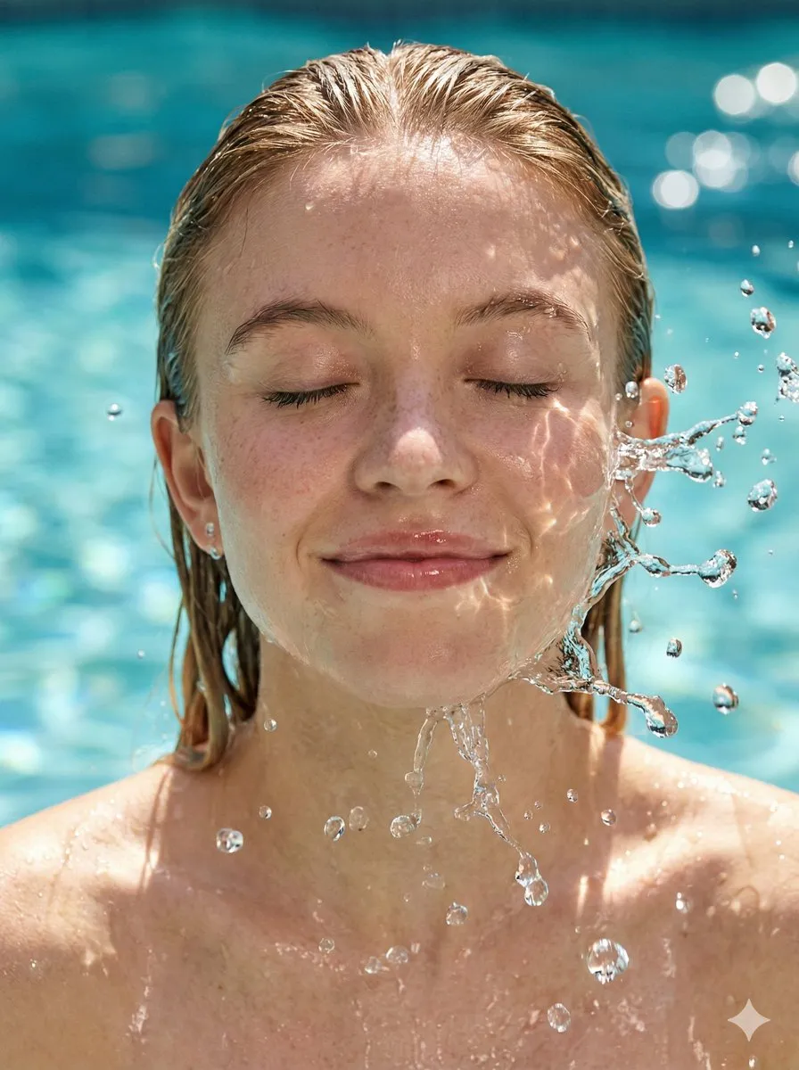 Пример промпта для крупного портрета Sydney Sweeney с водяными брызгами. · пример 2