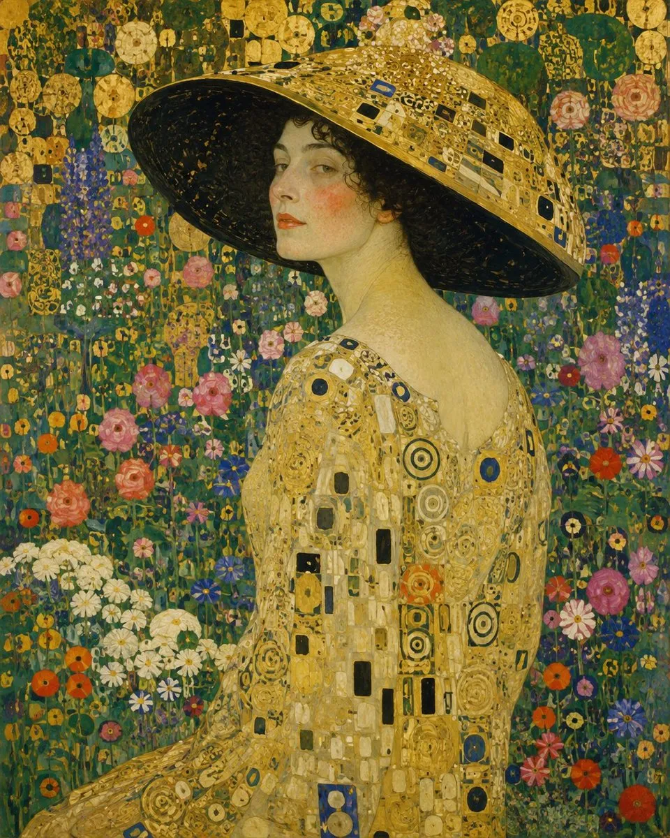 Текстовый промпт для картины в стиле Gustav Klimt с женщиной в саду. · пример 2