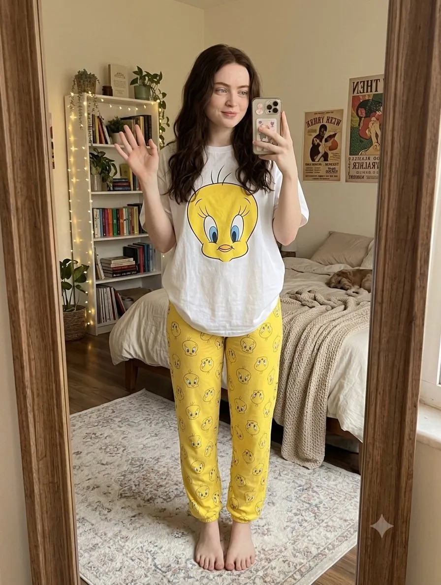 Пример промпта для селфи в зеркале в домашней одежде с принтами Tweety Bird.