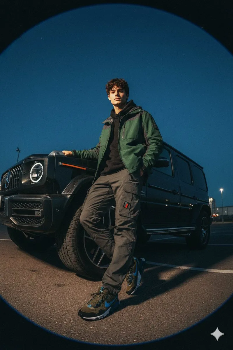 Мужчина в одежде Gorpcore сидит рядом с Mercedes G Wagon в синих сумерках, кадр снят снизу со вспышкой. · пример 1