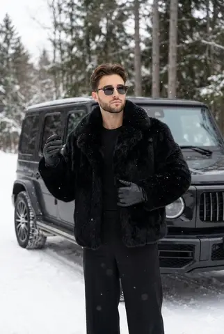 Пример к промпту для зимнего портрета мужчины рядом с чёрным G-Wagon.