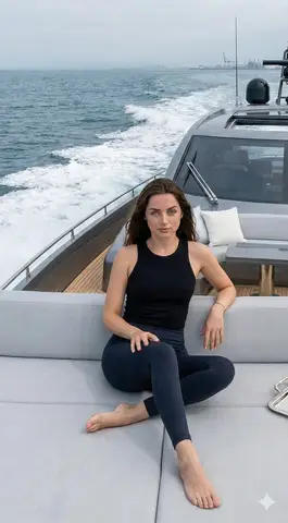 Пример женщины на носу роскошной яхты с видом на волнистое море.